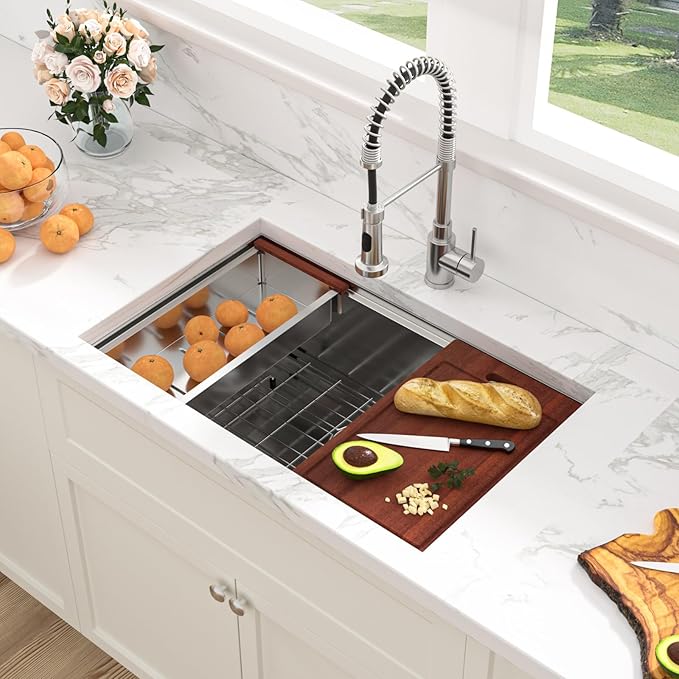Sarlai 28 Kitchen Sink Undermount - 28 x 18 Inch Stainless Steel Kitchen Sink Undermount Ledge Workstation Deep Single Bowl 16 Gauge R10 Tight Radius Stainless Steel Sinks Basin