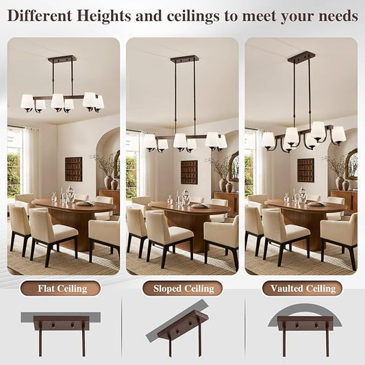Dining Room Light Fixture Chandelier Over Table,6 Light Kitchen Island Lighting Hanging for Farmhouse Linear Chandeliers Oil Rubbed Bronze Rustic Ceiling Pendant Light with Frosted Glass Shade