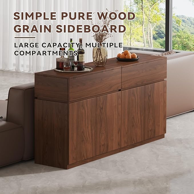 63"Buffet Cabinet with Drawers & Door, Set of 2 Modular Stackable Sideboard Coffee Bar Cabinet with Adjustable Shelves, Matte Walnut Storage Accent Credenza for Living Room Dining Room Hallway