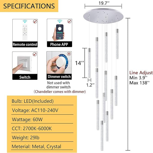 Modern 10-Light LED Dimmable Pendant Crystal Chandelier for High Ceiling