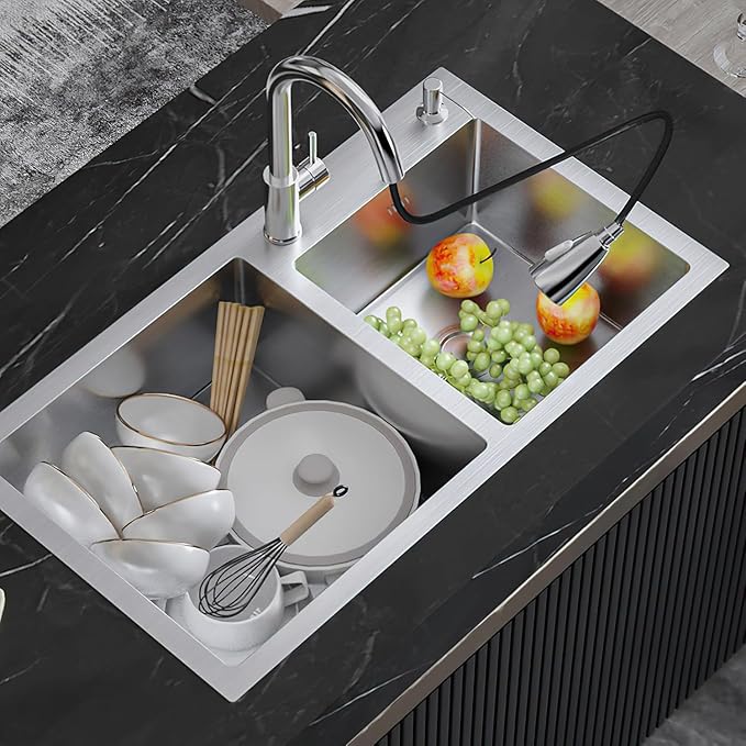 32" x 18" Drop-in/Topmount Double Bowl Kitchen Sink, Nano-Coated 304 Stainless Steel Kitchen Sink with Drain and Overflow