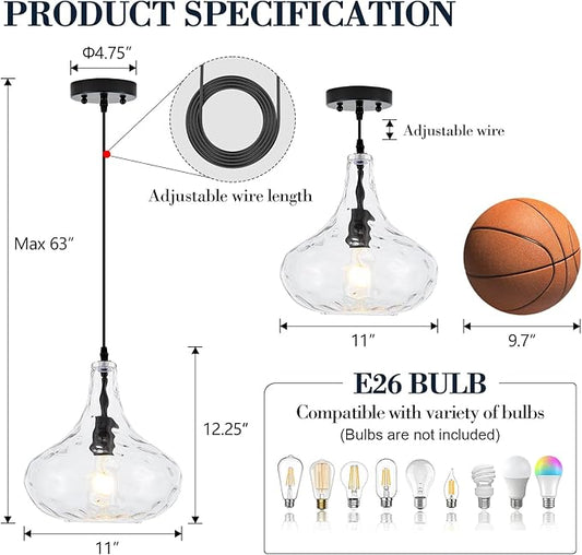 Black Glass Pendant Light Hand-Blown Hammered Glass Shade 11inch Large Modern Pendant Lighting Fixtures for Kitchen Island 1 Light Ceiling Hanging Light for Kitchen Sink Dining Room Hallway, UL Listed