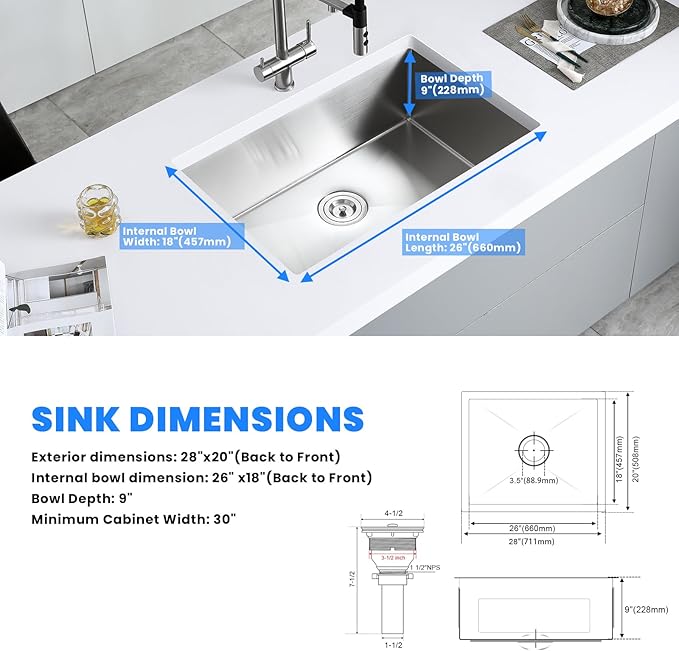 POPFLY 28×20 Inch Undermount SUS 304 Kitchen Sink, 18 Gauge Stainless Steel Handmade 9 Inchs Deep Single Bowl Bar Sinks, Brushed Nickel