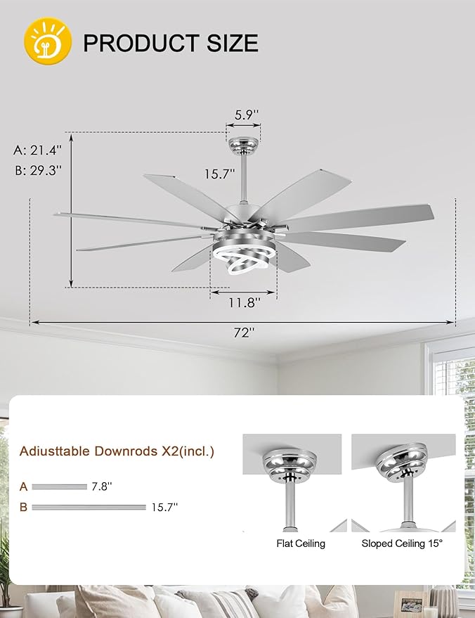 72 Inch Modern Large Ceiling Fans with Lights and Remote Reversible Quiet DC Motor 6 Speed Silver LED Chandelier Ceiling Fans for Living Room Bedroom Kitchen