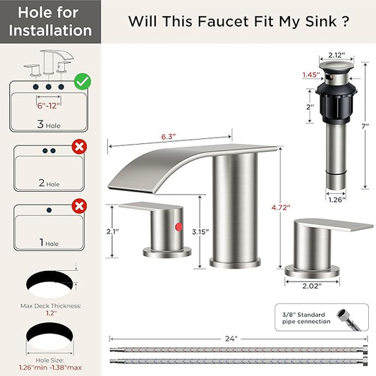 FORIOUS Upgrade Bathroom Faucets 3 Hole Brushed Nickel, Waterfall 8 Inch Widespread Bathroom Sink Faucet with Pop-up Drain and Supply Lines, Two Handles for Vanity, Farmhouse, School Restroom Sink