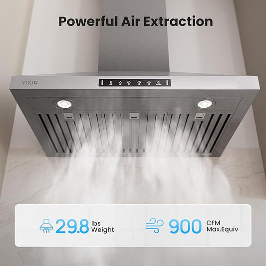 VIKIO HOME Wall Mount 30 Inch Range Hood 900 CFM, Ductless/Ducted Convertible Kitchen Hood, 3-speed Gesture Sensing & Touch Control, Stainless Steel Kitchen Vent Hood with Permanent Baffle Filters