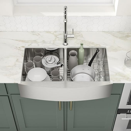 Logmey 33 inch Double Bowl Farmhouse Sink - 33x20 16 Gauge Stainless Steel Farm Sink Apron Front 50/50 Farm Kitchen Sinks