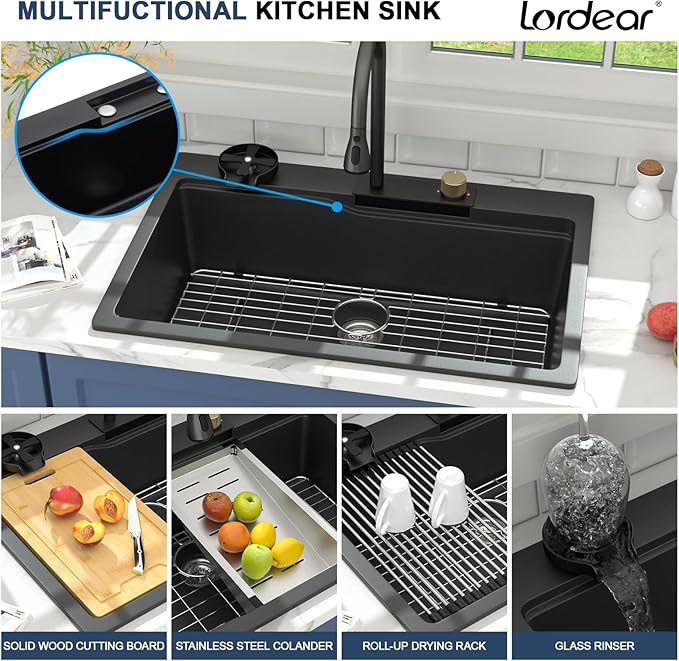 Lordear Granite Composite Kitchen Sink With Waterfall Faucet 33x22 Inch Drop In Kitchen Sinks Black Quartz Single Bowl Multifunctional Workstation Topmount Sink