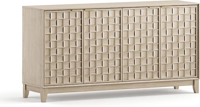 MALOL Sideboard Buffet Cabinet with Storage, Modern 4-Door Buffet Table with 3D Checkerboard Doors & Solid Wood Legs, Large Coffee Bar Cabinet for Dining Room, Living Room, Entryway, Oak