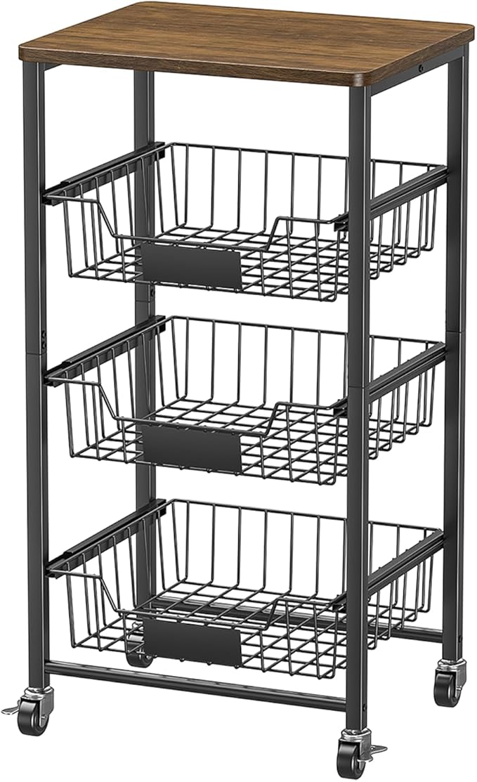 XYZLVSI Kitchen Storage Cart with Wheels, 4-Tier Metal Utility Rolling Cart Fruit Vegetable Storage Basket Pantry Rack with Wood Top & Pull Out Baskets for Kitchen, Livingroom, Diningroom, Office
