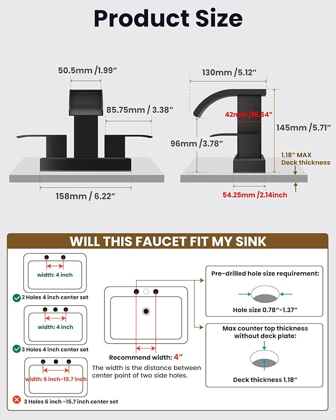 gotonovo Waterfall 4 Inch Centerset Bathroom Sink Faucet 2 Handle Basin Faucets 2 or 3 Hole Deck Mount with Pop Up Drain Included Lavatory Modern Mixer Tap Vanity Faucet Matte Black