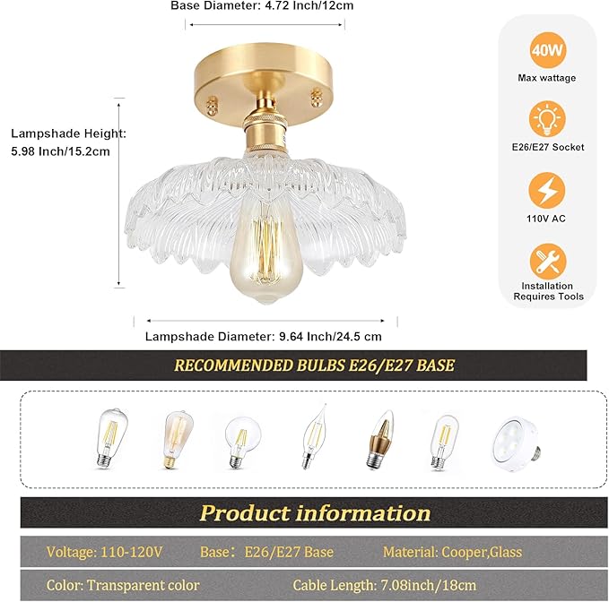 Shenmoyl Semi Flush Mount Ceiling Light, Gold Hallway Vintage Fixture With Clear Flower Glass, Bulb Included, 4.72" Base Modern Light for Porch Corridor Kitchen Bedroom