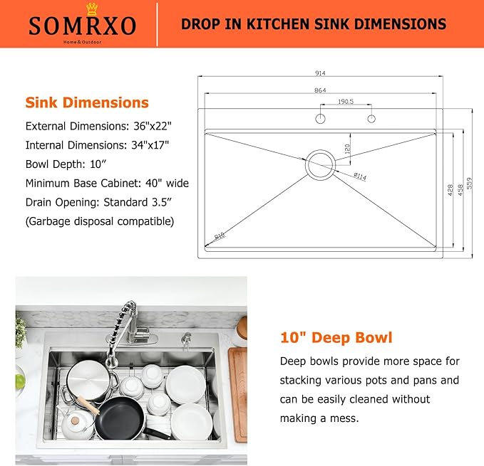 36 Inch Drop In Kitchen Sink - 36x22 Kitchen Sink Drop In,16 Gauge Stainless Steel Topmount, 10" Deep Single Bowl Workstation Sinks with Accessories