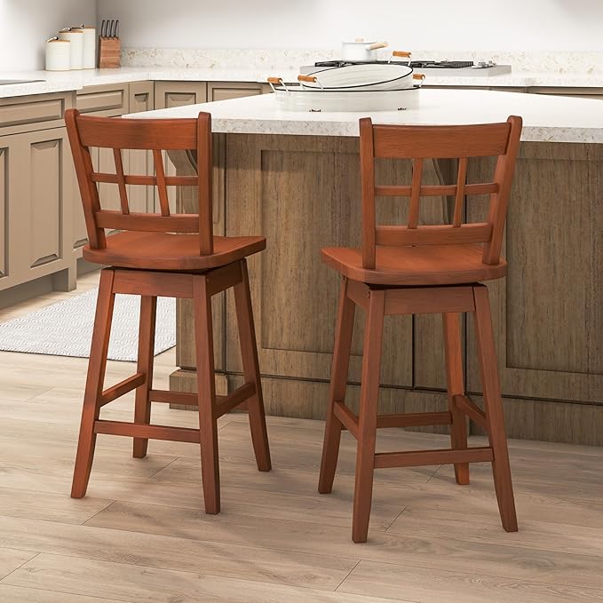 Giantex 24.5" Bar Stools Set of 2, Farmhouse Swivel Barstools with 6-Grid Hollow Back & Ergonomic Contoured Seat, Footrest, Wooden Counter Height Bar Stools for Kitchen Island, Bar, Cafe, Walnut