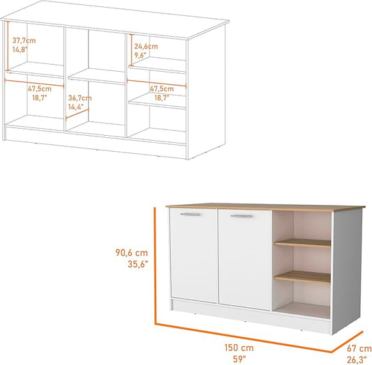 GOWE Gladiolus Kitchen Island in Melamine, Two Doors, Three Open Shelves