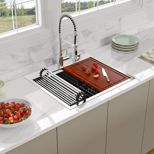 25 Drop In Kitchen Sink - Beslend 25x22 Inch Stainless Steel Sinks Ledge Workstation 16 Gauge Top Mount Handmade Single Bowl Kitchen Sink with Accessories