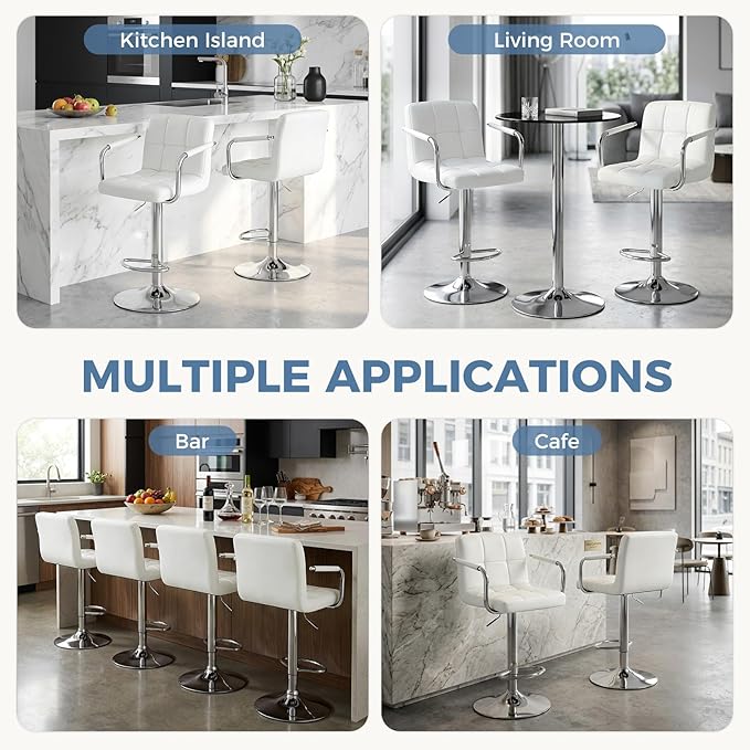 DUMOS Bar Stools Set of 4, Adjustable Swivel Bar Chairs with Padded Armrests and Ergonomic Backrest for Kitchen Island Counter Pub Dining Room, Water-Resistant PU Leather, White