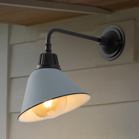 JONATHAN Y 9.63" Matte Silver Blue/Black Farmhouse Outdoor Sconce, Industrial LED Wall Light, Gooseneck Arm Barn Lamp with Metal Bell Shade for Porch, Patio, Kitchen, LED Bulb Included (JYL7612K)