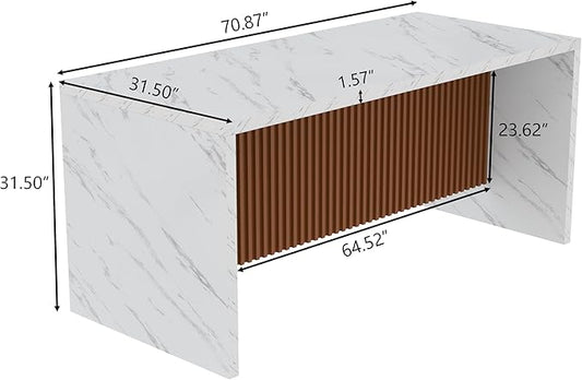 71" Large Imitation Marble Dining Table for 6-8 People, Island Table with LED Lights, Mordern Marble Stripes Kitchen Dining Table with Grille design for Dining Room, Home, Office, Living Room(white)
