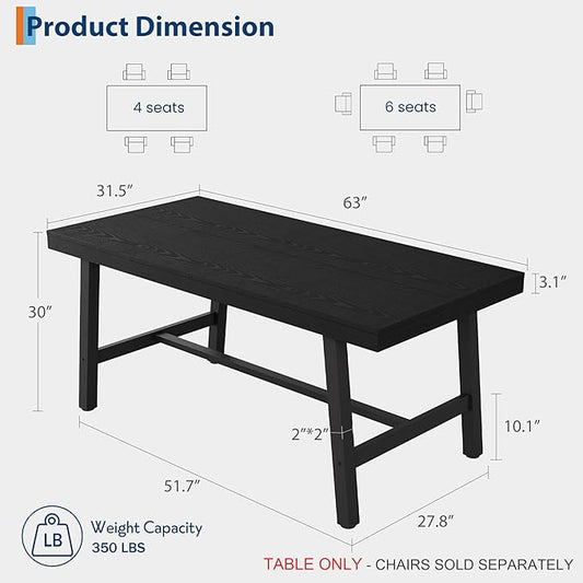 GarveeHome 63 Inch Compact Rectangular Table for Dining Room & Kitchen, Industrial Dining Table for 4-6 People, Heavy Duty Metal Frame, Black