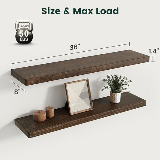 36 Inch Flat Edge Floating Shelves, 8 Inch Deep Solid Elm Wood Wall Shelf, Heavy-Duty Wall Mounted Shelf with Invisible Brackets for Living Room, Bathroom, Kitchen, Set of 2, Walnut Color
