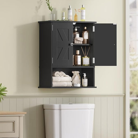 TEENFON Bathroom Wall Cabinet, Over The Toilet Space Saver Storage Cabinet with Barn Doors & Adjustable Shelf, Hanging Medicine Cabinet, Black UNGGX003HV1