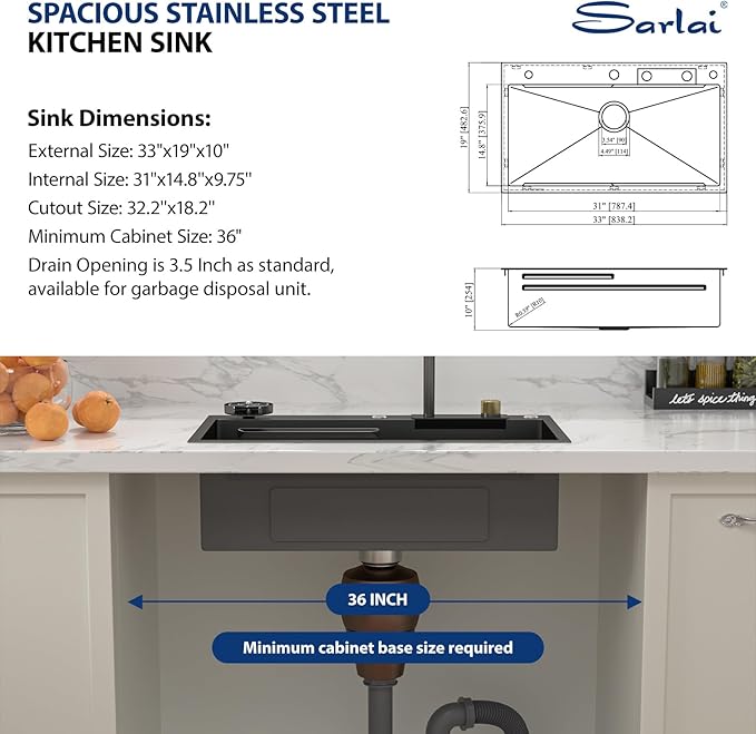 Sarlai 33 Inch Waterfall Kitchen Sink - 33x19 Black Waterfall Drop In Sink Workstation Stainless Steel 16 Gauge Sink Multifunction Single Bowl Smart Top Mount Kitchen Sinks with Faucet Combo