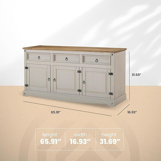 Furniture Dash Solid Wood Sideboard Buffet 65.9" W, 16.9" D, 31.6" H - Wooden Storage Cabinet, Cupboard Console Table, Ideal for Living Room, Kitchen Island, Dining Room