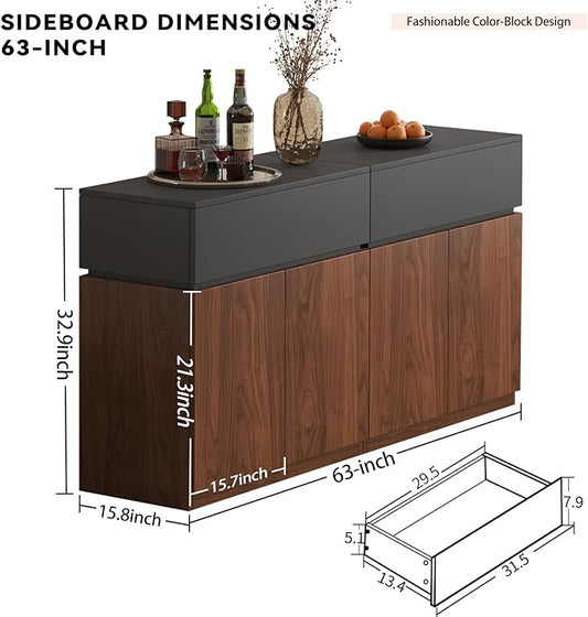 63" Buffet Cabinet with Drawer & Door, Set of 2 Modular Stackable Sideboard Coffee Bar Cabinet with Adjustable Shelves, Matte Gray Walnut Storage Accent Credenza for Living/Dining Room Hallway
