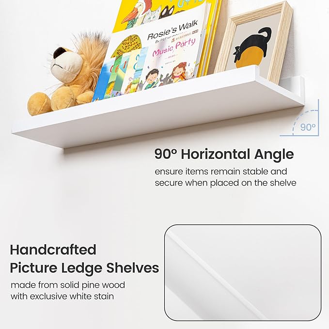 FLYJOE Picture Ledge Shelf for Wall, 24 inch Solid Ash Wood Nursery Book Shelves 2 Packs, Floating Shelves for Kids' Room Bedroom Bathroom Living Room Photo Frames Office Nursey Wall Decor, White