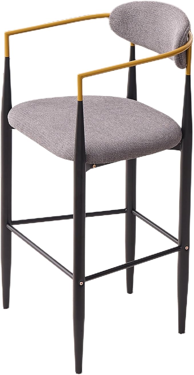 Modern Upholstered Accent Chair Set of 2 with Gold Accented Armrests, Ergonomic Barrel Back, Padded Fabric Seat, Metal Frame for Dining Room, Kitchen Island, Counter, Office (Grey,Bar Stool)