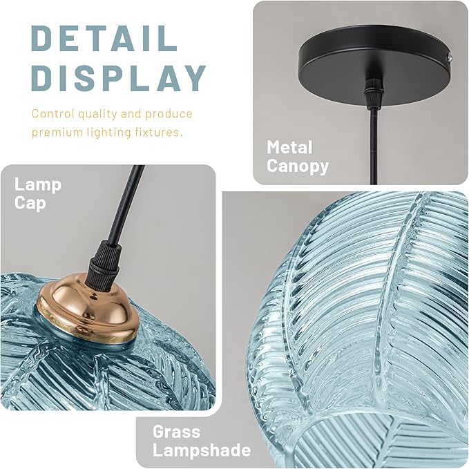 Glass Pendant Light Fixtures, Mid-Century Modern Hanging Lamp with 8.2" Light Blue Shade, Gold Chandelier Coastal Ceiling Light for Dining Table, Kitchen Island, Bedroom