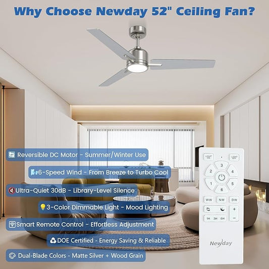 52 inch Ceiling Fans with Lights and Remote, Brushed Nickel Ceiling Fan, 6 Speed Reversible, 3CCT, Dimmable, Noiseless, 3 Blades, Quiet DC Motor, Silver Ceiling Fan for Bedroom, Indoor and Outdoor