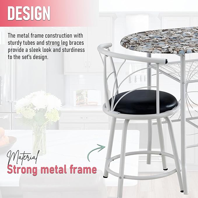 Kings Brand Furniture Somis 3 Piece Dining Table Set with Cobblestone Top - Breakfast Table with 2 Chairs - 2 Seat Dining Table Set for Small Spaces - Round Table Set with Faux Marble Top - White