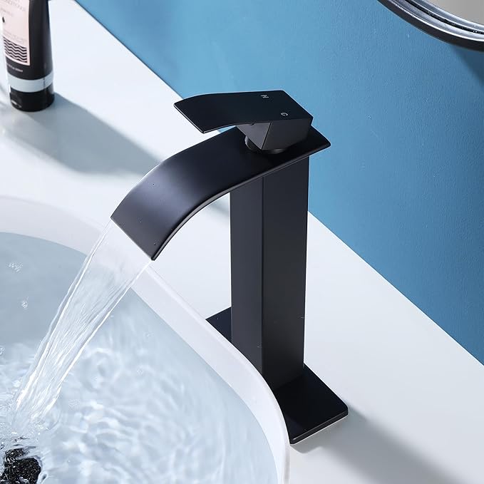 Fransiton Tall Vessel Sink Faucet Matte Black Faucet for Bathroom Sink Tall Waterfall Bathroom Faucet Single Handle 1 or 3 Hole Wash with Pop-up Drain