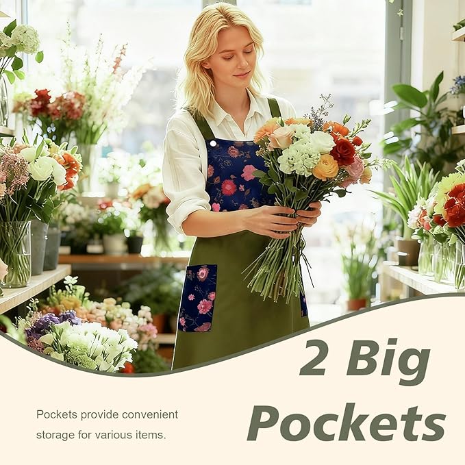 Cityelf Vintage Pinafore Apron Dress Snap Adjust Linen Cotton with Pockets Floral Aprons for Cooking Gardening
