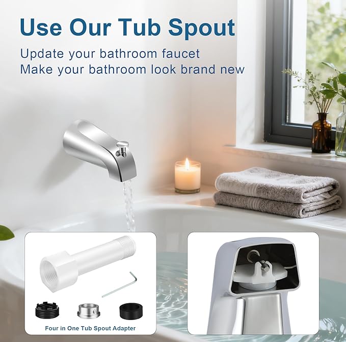Universal Tub Spout for 1/2" Copper Pipe, 1/2" IPS and 3/4" IPS, Bathtub Spout with Diverter and Adapter and Hex Wrench (Chrome)