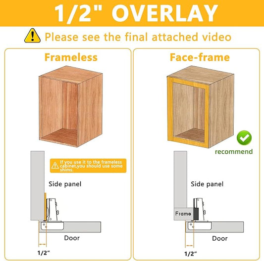 50 Pack Soft Close Cabinet Door Hinges for 1/2" Partial Overlay Cupboard, 100 Degree Opening Angel, Stainless Concealed Kitchen Cabinet Hinges with Mounting Screws and Manual
