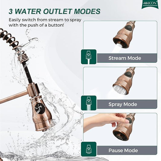 Akicon Antique Copper Pre-Rinse Spring Kitchen Faucet, Single Level Solid Brass Kitchen Sink Faucets with Pull Down Sprayer