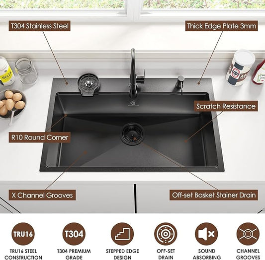 33x22 Inch Kitchen Sink Black Drop In Stainless Steel Kitchen Sinks 16 Gauge Single Bowl Workstation Luxury Top Mount Sink with 6 Accessories Include Glass Rinser (Black)
