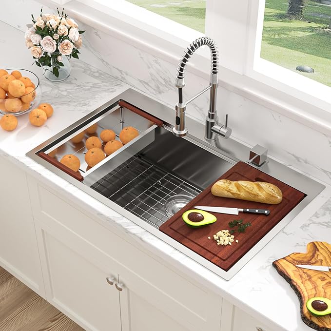 Sarlai 36 Inch Drop In Kitchen Sink - 36x22 Drop Kitchen Sink Ledge Workstation 16 Gauge Stainless Steel Sink Topmount Single Bowl Over Counter Kitchen Sinks Basin Round Corners