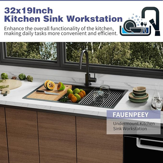 Black Kitchen Sink Workstation,32"x19" Stainless Steel Undermount Single Bowl Sink Built-in Ledge Drop In Workstation Sink Design For Place/Slide Accessories-Cutting Board,Drying Rack,Colander