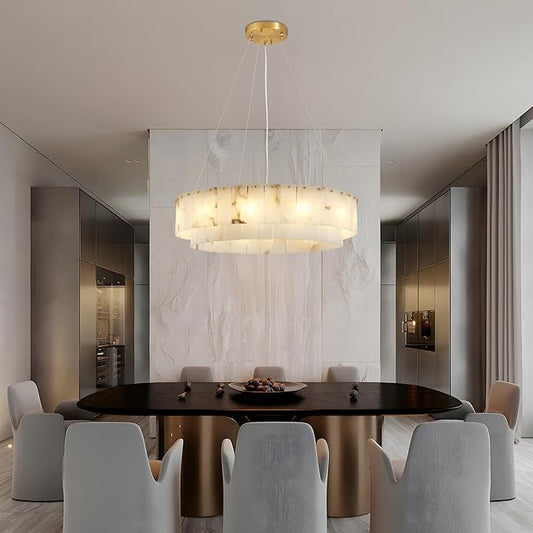 Lanhall Spanish Alabaster Chandelier, 2 Tiers Brushed Brass Modern Chandeliers for Dining Room Light Fixture 12-Light Pendant Light Natural Marble Chandelier for Kitchen Bedroom Living Room Foyer