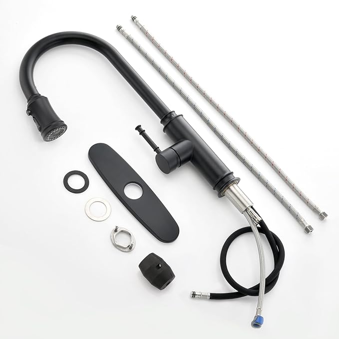 SUMERAIN Stainless Steel Matte Black Kitchen Sink Faucets with Pull Down Sprayer and 10" Deck Plate Single Lever