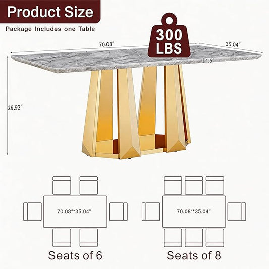 70" Marble Dining Table for 6-8, Modern Luxury Gold Rectangular Large Kitchen Table, Marble Grain MDF Tabletop & Stainless Steel Base, Dinner Furniture for Kitchen Dining Room, Meeting Room, Grey