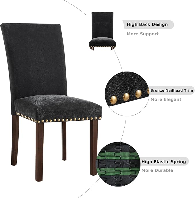 COLAMY Upholstered Parsons Dining Chairs Set of 6, Fabric Dining Room Kitchen Side Chair with Nailhead Trim and Wood Legs - F-Black