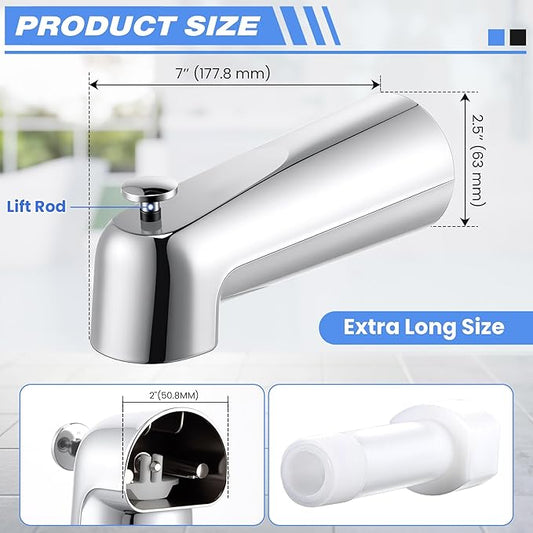 Dreyoo 7 Inch Tub Spout (Universal Fits 1/2" Copper Pipe, 1/2" IPS and 3/4" IPS), Bathroom Bathtub Faucet with Adapters and Hex Wrench (Chrome,with Diverter)