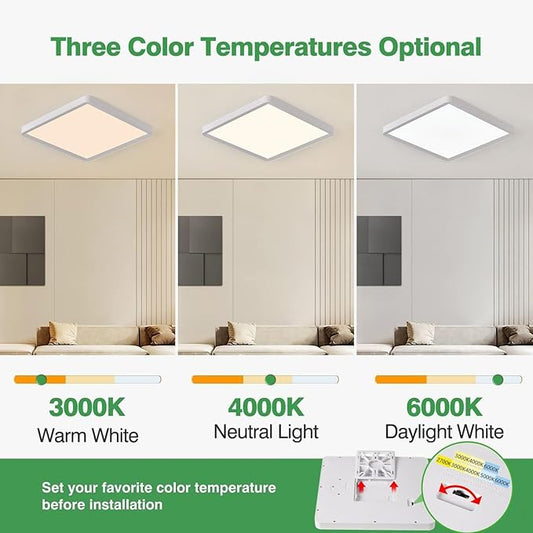 12 Inch 6PK Square LED Flush Mount Ceiling Light, 24W, 2500LM, 3000K/4000K/6000K CCT Selectable, LED Flat Panel Low Profile Ceiling Light Fitures for Hallway, Kitchen, Bedroom, Laundry Room