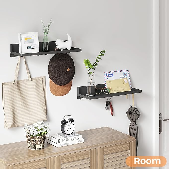 Folding Shelf with Hooks Wall Mount, Laundry Room Metal Shelves, Fold Up 90° and 8 Hooks, Foldable Storage Wall Shelf for Rv, Utility Room, Garage, Space Saving, Black(17.0", 2 Pack)