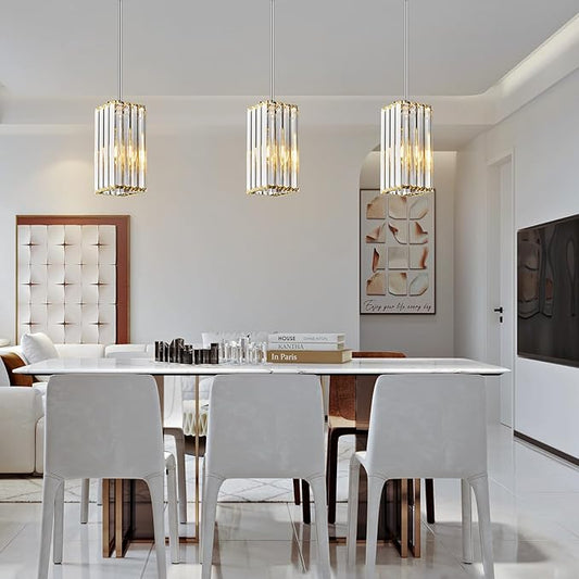 Modern Pendant Light Chrome Rectangle Pendant Lighting Mini Crystal Chandeliers Adjustable Pendant Light Fixture for Kitchen Island Dinning Room Living Room Corridor Bedroom(Chrome 3-Pack)